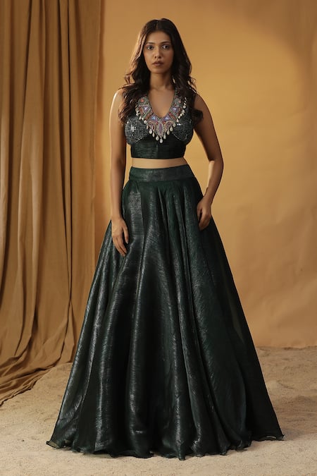 Arpita Sulakshana_Green Chanderi Sequins, Pearls, Beads, Embroidered Tie Up Blouse And Lehenga Set _Online_at_Aza_Fashions