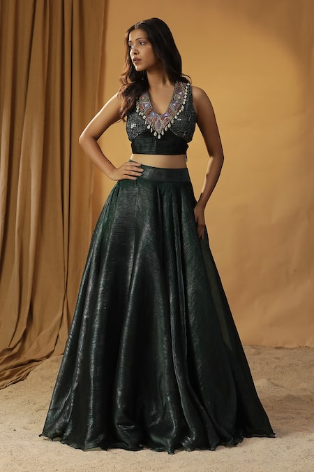Shop_Arpita Sulakshana_Green Chanderi Sequins, Pearls, Beads, Embroidered Tie Up Blouse And Lehenga Set _Online_at_Aza_Fashions