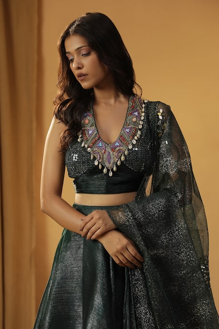 Buy_Arpita Sulakshana_Green Chanderi Sequins, Pearls, Beads, Embroidered Tie Up Blouse And Lehenga Set 