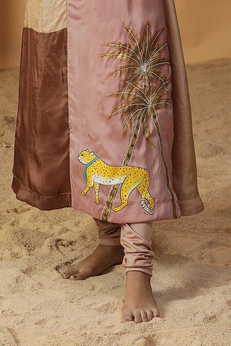 Shop Arpita Sulakshana Peach Silk Gota Patti, Embroidery Leopard Print Color Block Kurta And Churidar Set Online at Aza Fashions Shop_Arpita Sulakshana_Peach Silk Gota Patti, Embroidery Leopard Print Color Block Kurta And Churidar Set _Online_at_Aza_Fashions