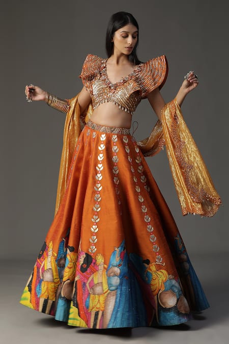 arpita sulakshana Orange Georgette Hand Painted Modern Baraat Leaf Neck Lehenga Set 