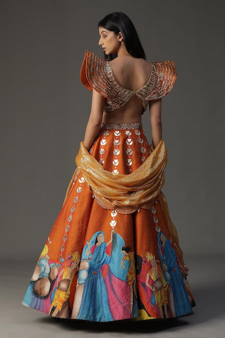 Shop_Arpita Sulakshana_Orange Silk, Crepe, Georgette Sequins, Modern Baraat Hand Painted Lehenga Set _at_Aza_Fashions