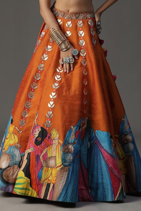 Arpita Sulakshana Orange Silk, Crepe, Georgette Sequins, Modern Baraat Hand Painted Lehenga Set Online at Aza Fashions Arpita Sulakshana_Orange Silk, Crepe, Georgette Sequins, Modern Baraat Hand Painted Lehenga Set _Online_at_Aza_Fashions