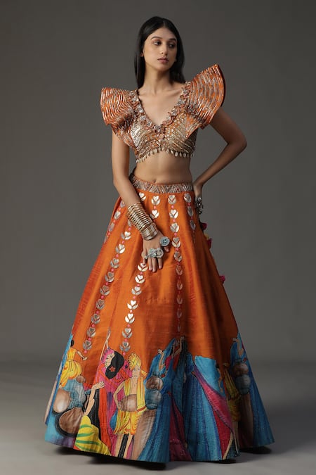 Buy_Arpita Sulakshana_Orange Silk, Crepe, Georgette Sequins, Modern Baraat Hand Painted Lehenga Set _Online_at_Aza_Fashions