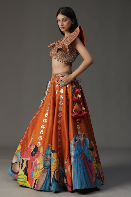 Shop_Arpita Sulakshana_Orange Silk, Crepe, Georgette Sequins, Modern Baraat Hand Painted Lehenga Set _Online_at_Aza_Fashions