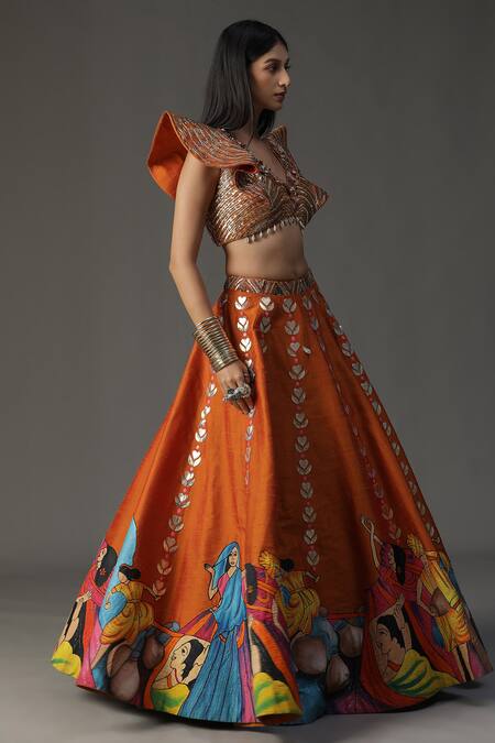 Arpita Sulakshana_Orange Silk, Crepe, Georgette Sequins, Modern Baraat Hand Painted Lehenga Set _at_Aza_Fashions