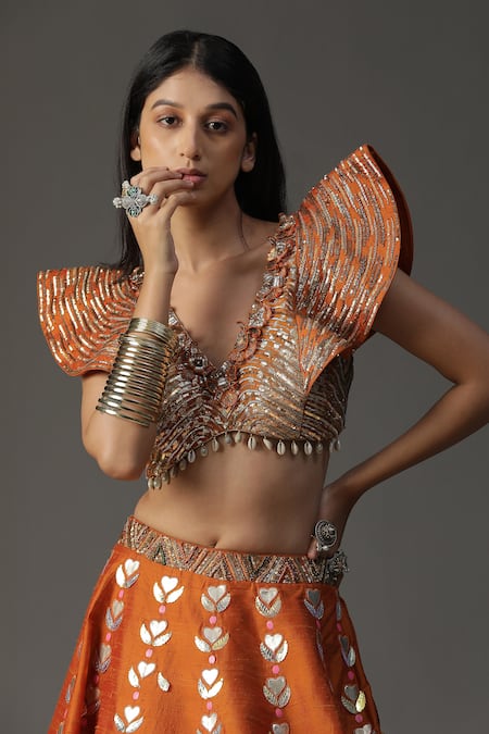 Buy_Arpita Sulakshana_Orange Silk, Crepe, Georgette Sequins, Modern Baraat Hand Painted Lehenga Set 