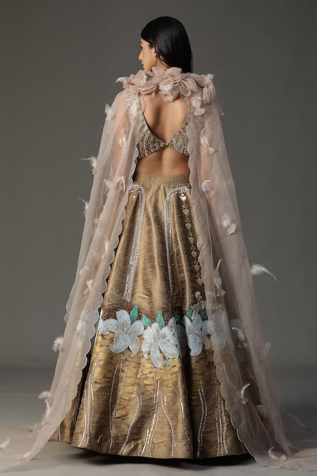 Shop_Arpita Sulakshana_Gold Silk, Crepe Sequins, Feathers Plunge Neck Scallop Bordered Cape Lehenga Set _at_Aza_Fashions