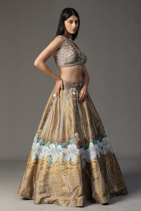Arpita Sulakshana_Gold Silk, Crepe Sequins, Feathers Plunge Neck Scallop Bordered Cape Lehenga Set _Online_at_Aza_Fashions
