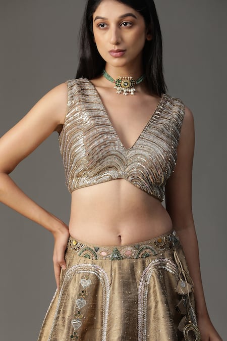 Buy_Arpita Sulakshana_Gold Silk, Crepe Sequins, Feathers Plunge Neck Scallop Bordered Cape Lehenga Set _Online_at_Aza_Fashions