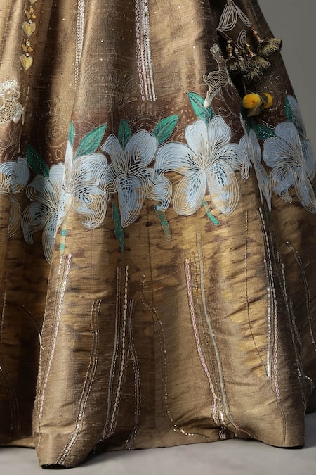 Shop_Arpita Sulakshana_Gold Silk, Crepe Sequins, Feathers Plunge Neck Scallop Bordered Cape Lehenga Set _Online_at_Aza_Fashions