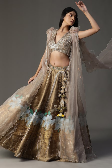 Arpita Sulakshana_Gold Silk, Crepe Sequins, Feathers Plunge Neck Scallop Bordered Cape Lehenga Set _at_Aza_Fashions