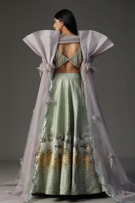 Shop_Arpita Sulakshana_Green Silk, Georgette Embroidery, Cut Structured Cape Hand Painted Lehenga Set_at_Aza_Fashions