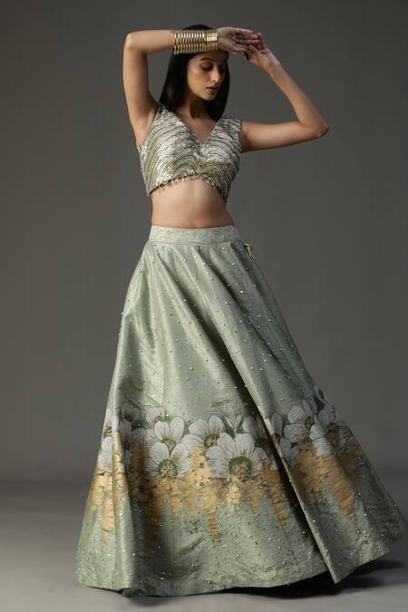 Arpita Sulakshana_Green Silk, Georgette Embroidery, Cut Structured Cape Hand Painted Lehenga Set_Online_at_Aza_Fashions