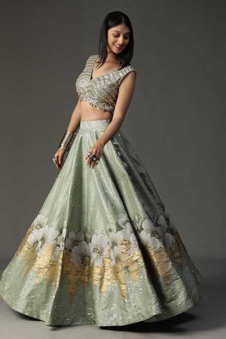 Buy_Arpita Sulakshana_Green Silk, Georgette Embroidery, Cut Structured Cape Hand Painted Lehenga Set_Online_at_Aza_Fashions
