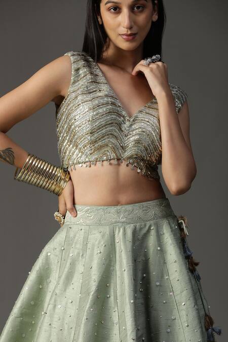 Shop_Arpita Sulakshana_Green Silk, Georgette Embroidery, Cut Structured Cape Hand Painted Lehenga Set_Online_at_Aza_Fashions