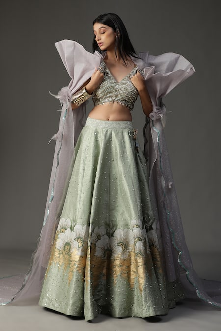 Buy_Arpita Sulakshana_Green Silk, Georgette Embroidery, Cut Structured Cape Hand Painted Lehenga Set