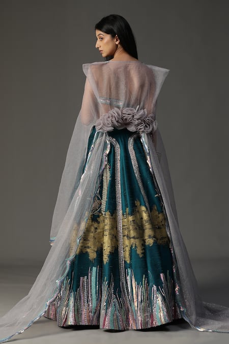 Shop_Arpita Sulakshana_Blue Silk, Crepe, Net Embroidery, Sequins, Floral Work Cape Lehenga Set _at_Aza_Fashions
