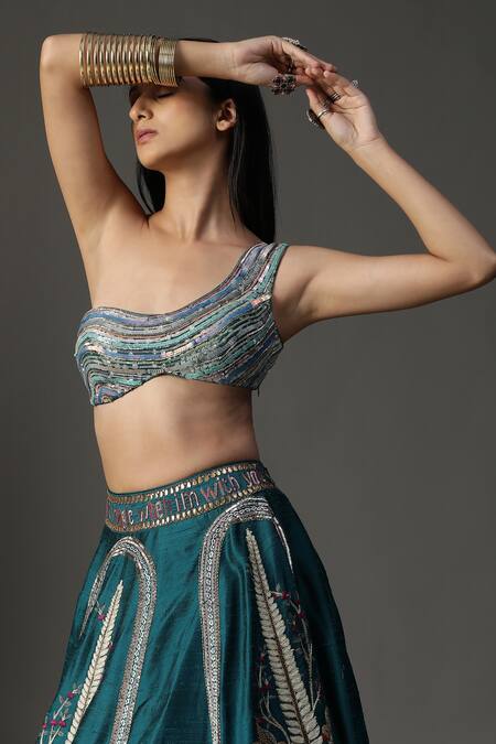Arpita Sulakshana_Blue Silk, Crepe, Net Embroidery, Sequins, Floral Work Cape Lehenga Set _Online_at_Aza_Fashions