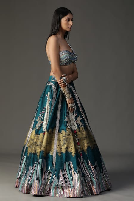 Arpita Sulakshana_Blue Silk, Crepe, Net Embroidery, Sequins, Floral Work Cape Lehenga Set _at_Aza_Fashions