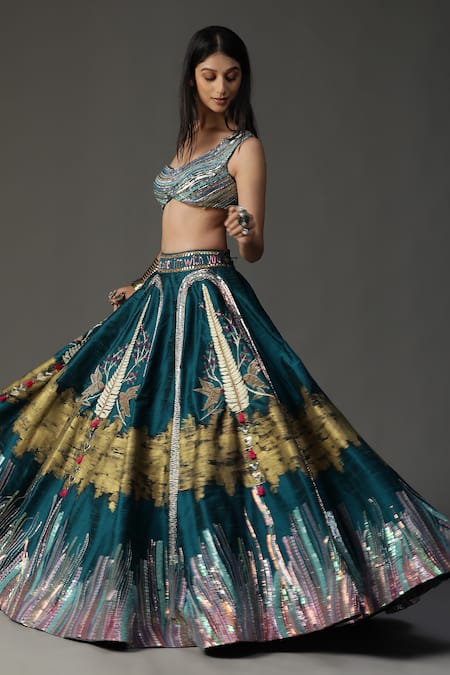 Buy_Arpita Sulakshana_Blue Silk, Crepe, Net Embroidery, Sequins, Floral Work Cape Lehenga Set 