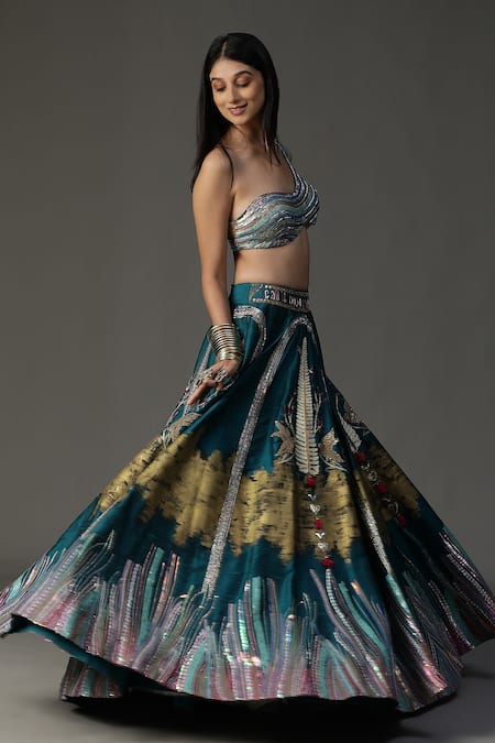 Shop_Arpita Sulakshana_Blue Silk, Crepe, Net Embroidery, Sequins, Floral Work Cape Lehenga Set 