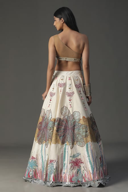 Shop_Arpita Sulakshana_Ivory Silk, Crepe, Net Sequins, Cut Work, Scallop Border Cape Lehenga Set _at_Aza_Fashions