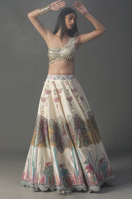Arpita Sulakshana_Ivory Silk, Crepe, Net Sequins, Cut Work, Scallop Border Cape Lehenga Set _Online_at_Aza_Fashions