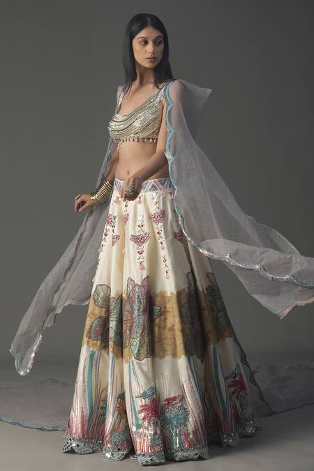 Buy_Arpita Sulakshana_Ivory Silk, Crepe, Net Sequins, Cut Work, Scallop Border Cape Lehenga Set _Online_at_Aza_Fashions