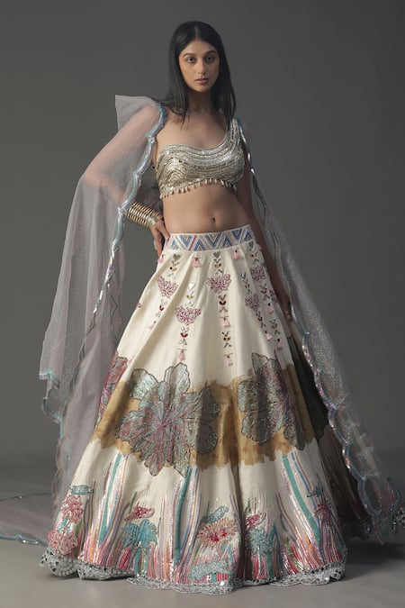 Shop_Arpita Sulakshana_Ivory Silk, Crepe, Net Sequins, Cut Work, Scallop Border Cape Lehenga Set _Online_at_Aza_Fashions