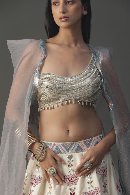 Arpita Sulakshana_Ivory Silk, Crepe, Net Sequins, Cut Work, Scallop Border Cape Lehenga Set _at_Aza_Fashions