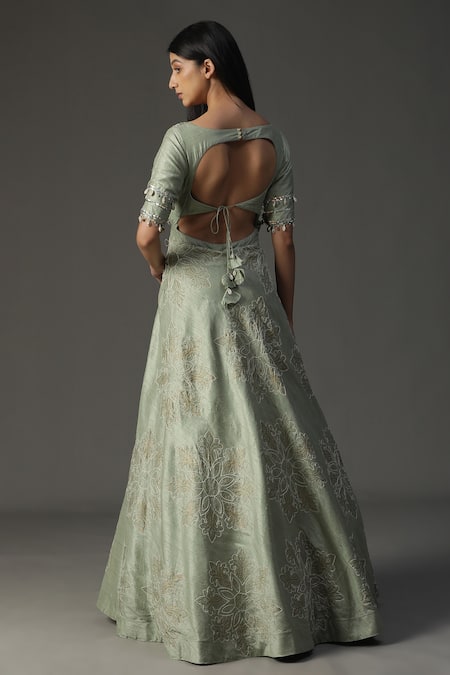 Shop_Arpita Sulakshana_Green Silk, Crepe, Chiffon Sequins, Yoke Anarkali With Ruffle Dupatta _at_Aza_Fashions