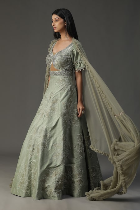 Arpita Sulakshana_Green Silk, Crepe, Chiffon Sequins, Yoke Anarkali With Ruffle Dupatta _Online_at_Aza_Fashions