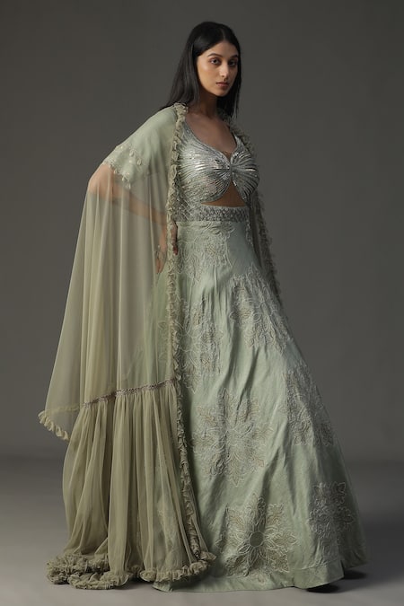 Buy_Arpita Sulakshana_Green Silk, Crepe, Chiffon Sequins, Yoke Anarkali With Ruffle Dupatta _Online_at_Aza_Fashions