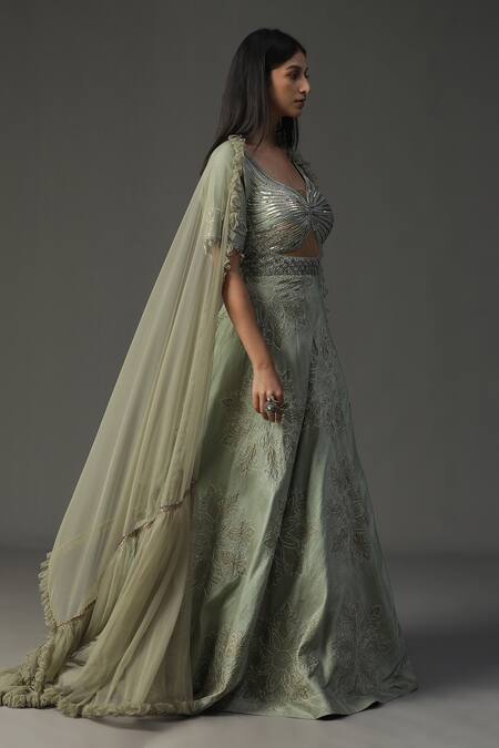 Shop_Arpita Sulakshana_Green Silk, Crepe, Chiffon Sequins, Yoke Anarkali With Ruffle Dupatta _Online_at_Aza_Fashions