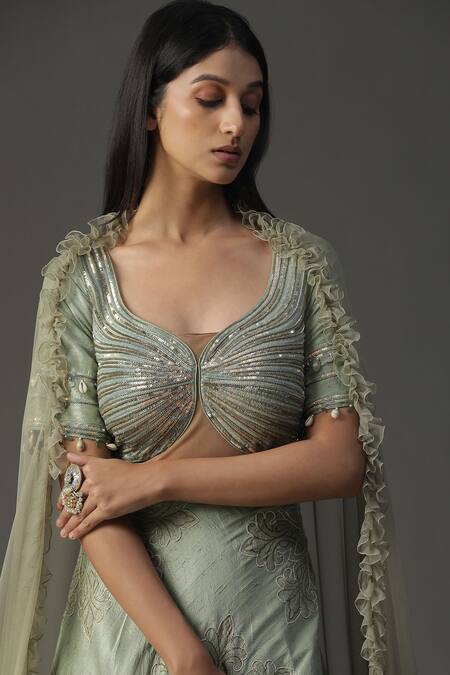 Arpita Sulakshana_Green Silk, Crepe, Chiffon Sequins, Yoke Anarkali With Ruffle Dupatta _at_Aza_Fashions