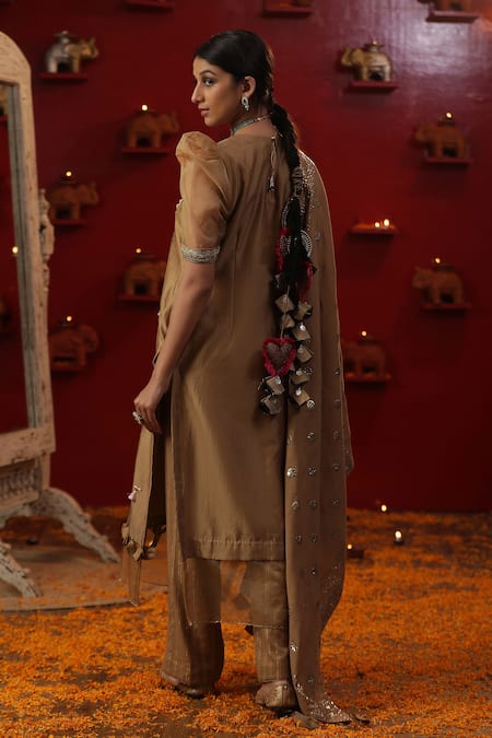 Shop_Arpita Sulakshana_Gold Chanderi Silk, Cotton Embroidery, Tassels, Floral Patchwork Kurta Set _at_Aza_Fashions