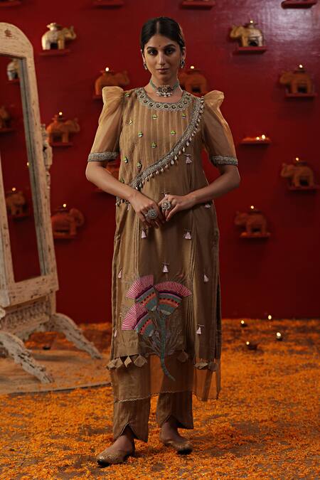Buy_Arpita Sulakshana_Gold Chanderi Silk, Cotton Embroidery, Tassels, Floral Patchwork Kurta Set _Online_at_Aza_Fashions