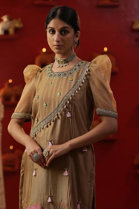Arpita Sulakshana_Gold Chanderi Silk, Cotton Embroidery, Tassels, Floral Patchwork Kurta Set _at_Aza_Fashions