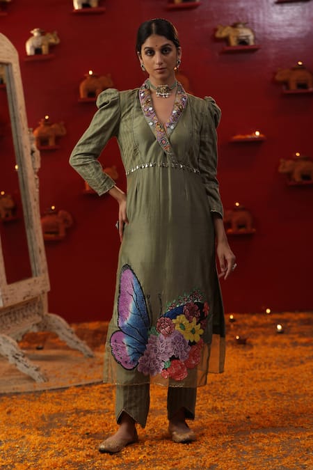 Shop_Arpita Sulakshana_Green Cotton, Chanderi Silk, Crepe Embroidery, Butterfly Hand Painted Kurta Set _at_Aza_Fashions