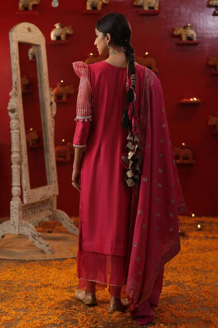 Shop_Arpita Sulakshana_Pink Cotton, Chanderi Silk, Crepe Cut Work, Chandbali Embroidered Kurta Set _at_Aza_Fashions