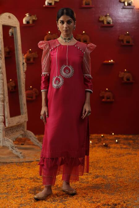 Buy_Arpita Sulakshana_Pink Cotton, Chanderi Silk, Crepe Cut Work, Chandbali Embroidered Kurta Set _Online_at_Aza_Fashions