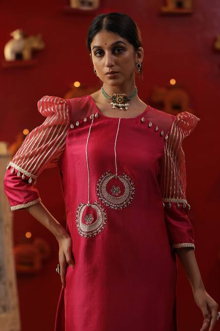 Shop_Arpita Sulakshana_Pink Cotton, Chanderi Silk, Crepe Cut Work, Chandbali Embroidered Kurta Set _Online_at_Aza_Fashions
