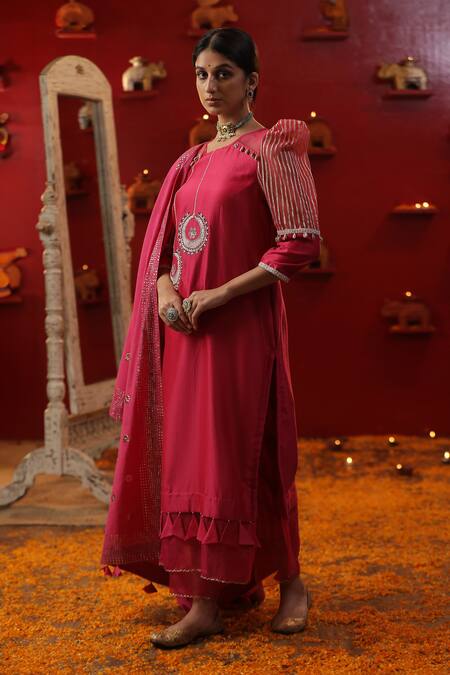 Arpita Sulakshana_Pink Cotton, Chanderi Silk, Crepe Cut Work, Chandbali Embroidered Kurta Set _at_Aza_Fashions