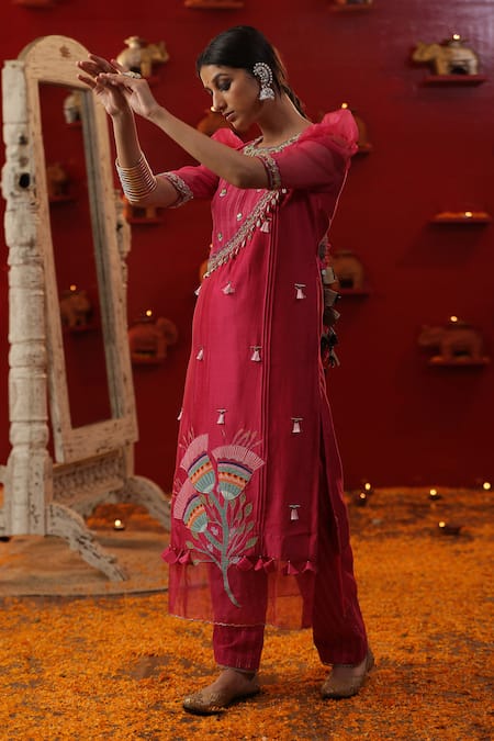 Arpita Sulakshana Pink Cotton, Chanderi Silk Tassels, Embroidery, Cut Bell Hand Painted Kurta Set at Aza Fashions Arpita Sulakshana_Pink Cotton, Chanderi Silk Tassels, Embroidery, Cut Bell Hand Painted Kurta Set _at_Aza_Fashions