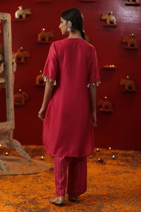 Shop_Arpita Sulakshana_Pink Cotton, Chanderi Silk, Bird Placement Embroidered Kurta And Flared Pant Set _at_Aza_Fashions