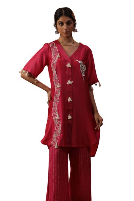 Arpita Sulakshana Pink Cotton, Chanderi Silk, Bird Placement Embroidered Kurta And Flared Pant Set Online at Aza Fashions Arpita Sulakshana_Pink Cotton, Chanderi Silk, Bird Placement Embroidered Kurta And Flared Pant Set _Online_at_Aza_Fashions