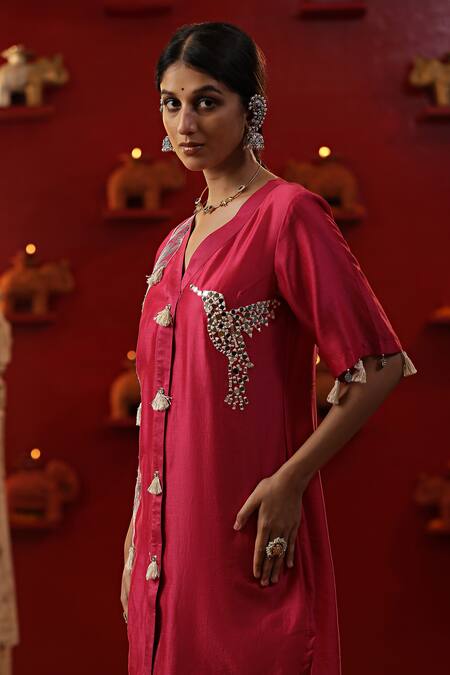 Shop Arpita Sulakshana Pink Cotton, Chanderi Silk, Bird Placement Embroidered Kurta And Flared Pant Set Shop_Arpita Sulakshana_Pink Cotton, Chanderi Silk, Bird Placement Embroidered Kurta And Flared Pant Set
