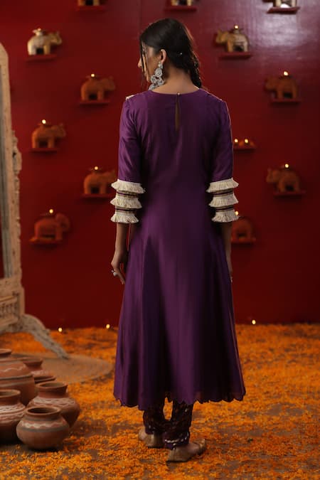 Shop_Arpita Sulakshana_Purple Cotton, Silk, Crepe, Sequins, Tassels, A-line Kurta Set _at_Aza_Fashions
