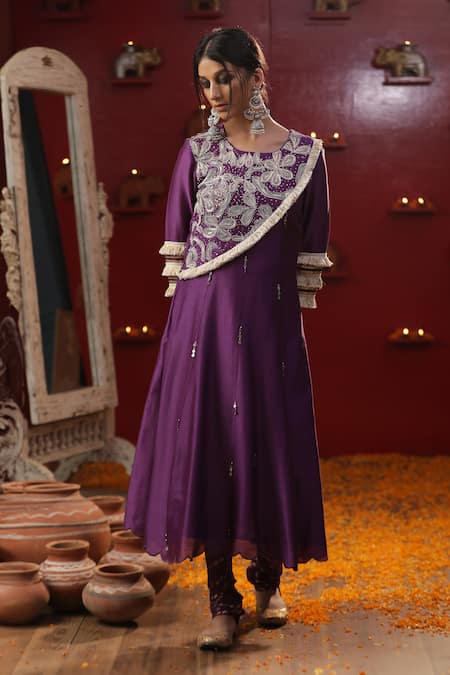 Shop_Arpita Sulakshana_Purple Cotton, Silk, Crepe, Sequins, Tassels, A-line Kurta Set _Online_at_Aza_Fashions